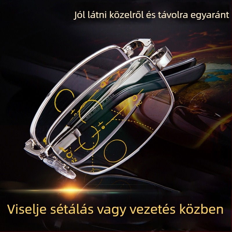 Olvasószemüveg anti-kék fény, többfokozatú, távolra és közelre is használható, teljes keretű fém keret