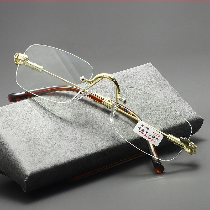 Fém keret nélküli olvasószemüveg fotokromos és anti-kék fény lencsékkel, ultrakönnyű