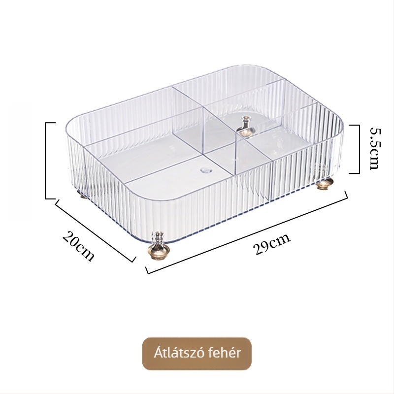 Asztali kozmetikai tároló osztott rekeszekkel és távirányító rekesszel, műanyag, megfizethető lux stílus (műanyag; megfizethető lux; távirányító rekesz; osztott rekeszek; kozmetika és bőrápolás tárolása)