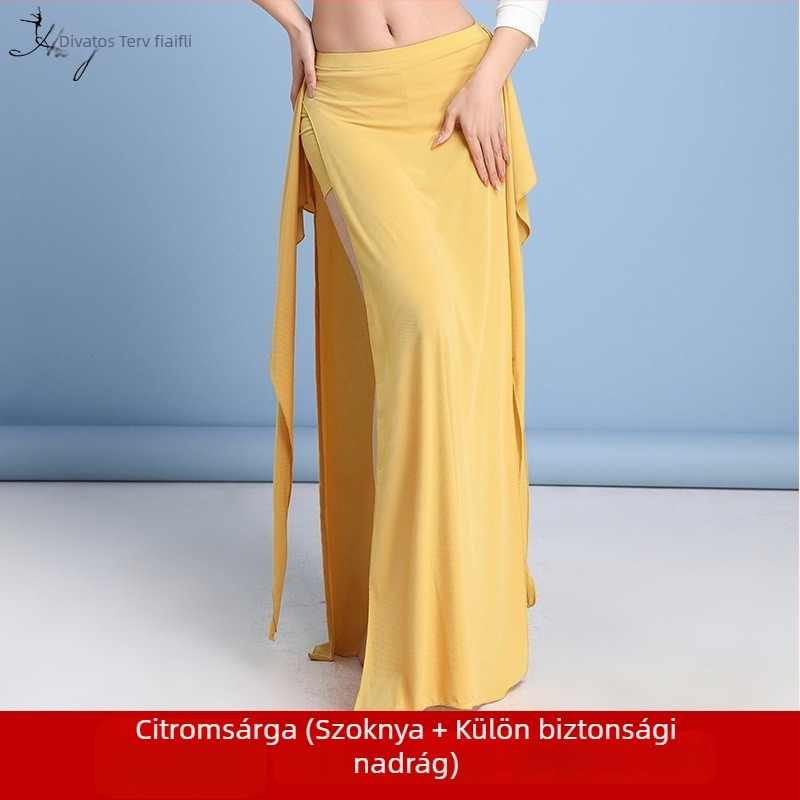 Belly dance gyakorló ruha hosszú hasítékos szoknyával, kezdőknek, spandex és imitációs brokát anyagból