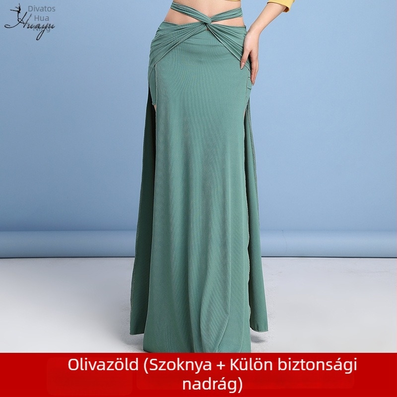 Belly dance gyakorló ruha hosszú hasítékos szoknyával, kezdőknek, spandex és imitációs brokát anyagból
