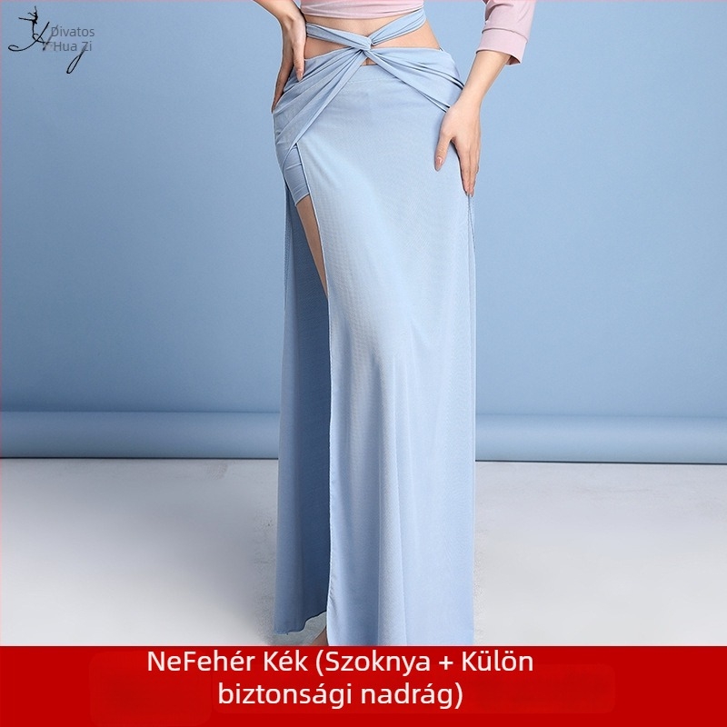 Belly dance gyakorló ruha hosszú hasítékos szoknyával, kezdőknek, spandex és imitációs brokát anyagból