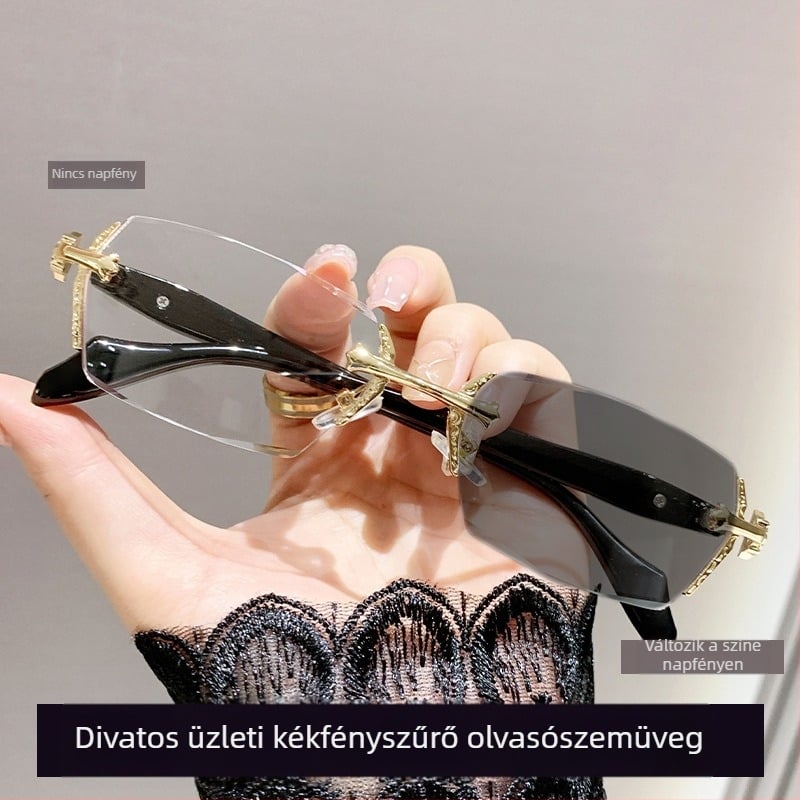 Keret nélküli olvasószemüveg anti-kékfénnyel, fém kivitel, nagy felbontású lencsék felnőtteknek, monofokális.