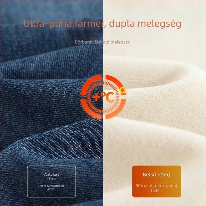 Széles szárú farmernadrág fleece belsővel, magas derék, vast anyag; denim pamut és poliészter keverék