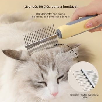 Kétoldalas, finomfogú állatgrooming-kefe, kutyáknak és hosszú szőrű macskáknak — csomók oldása, kilógó szőrzet eltávolítása és bolha elleni védelem.