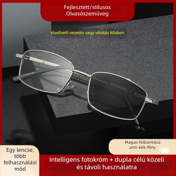 Olvasószemüveg fotokromos és többfókuszú lencsékkel, kékfény elleni védelemmel, teljes keretű fém keret