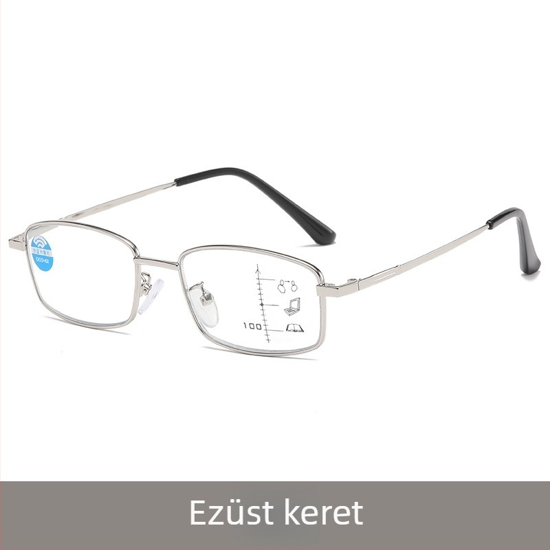 Olvasószemüveg fotokromos és többfókuszú lencsékkel, kékfény elleni védelemmel, teljes keretű fém keret