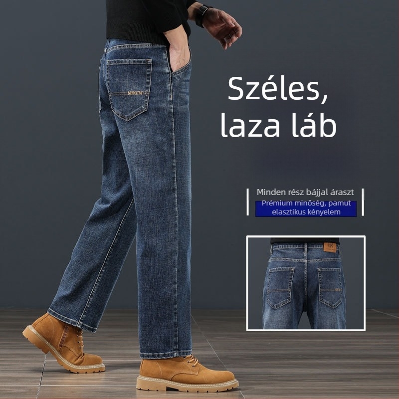 Férfiaknak szóló egyenes szabású farmer, középmagas derék, cipzáras zárás, velúrral bélelt