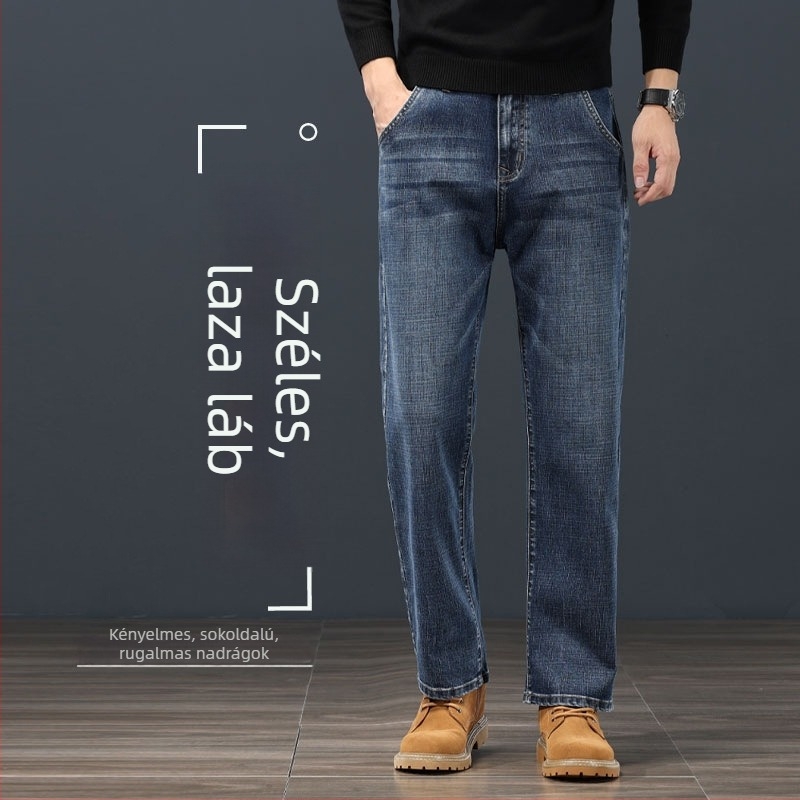 Férfiaknak szóló egyenes szabású farmer, középmagas derék, cipzáras zárás, velúrral bélelt