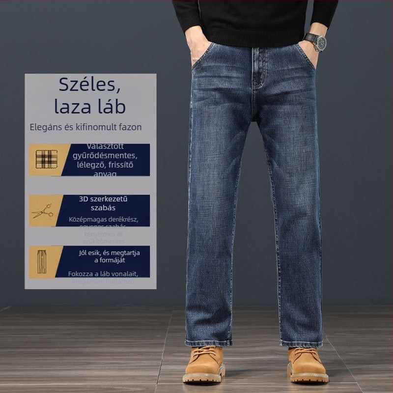 Férfiaknak szóló egyenes szabású farmer, középmagas derék, cipzáras zárás, velúrral bélelt