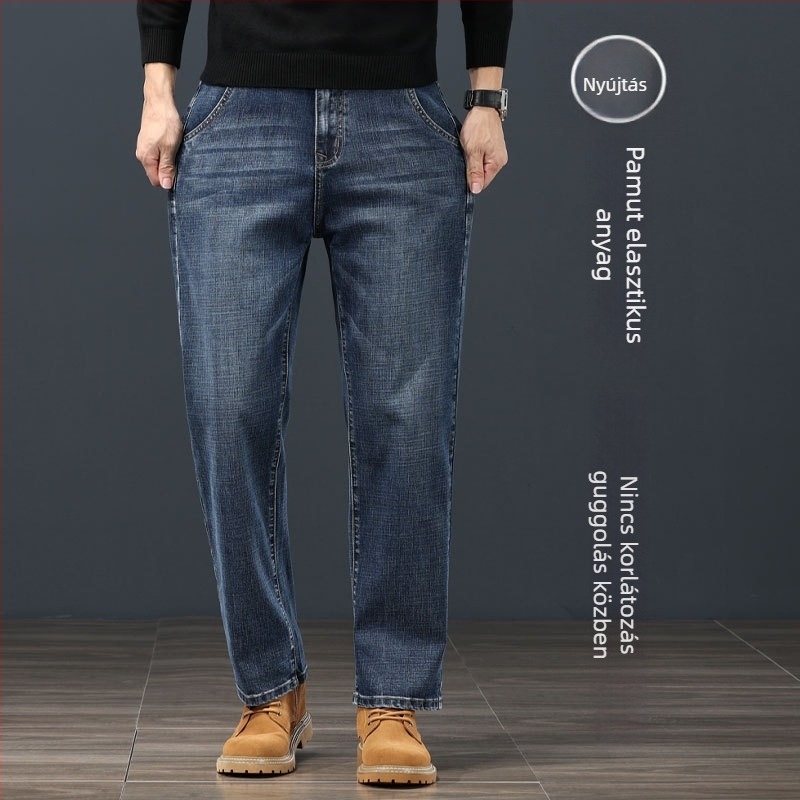 Férfiaknak szóló egyenes szabású farmer, középmagas derék, cipzáras zárás, velúrral bélelt