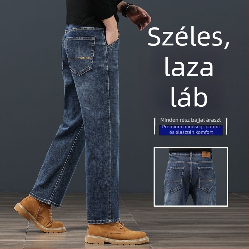 Férfiaknak szóló egyenes szabású farmer, középmagas derék, cipzáras zárás, velúrral bélelt