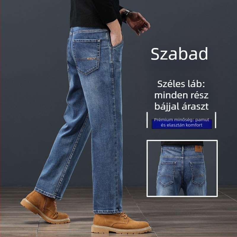 Férfiaknak szóló egyenes szabású farmer, középmagas derék, cipzáras zárás, velúrral bélelt