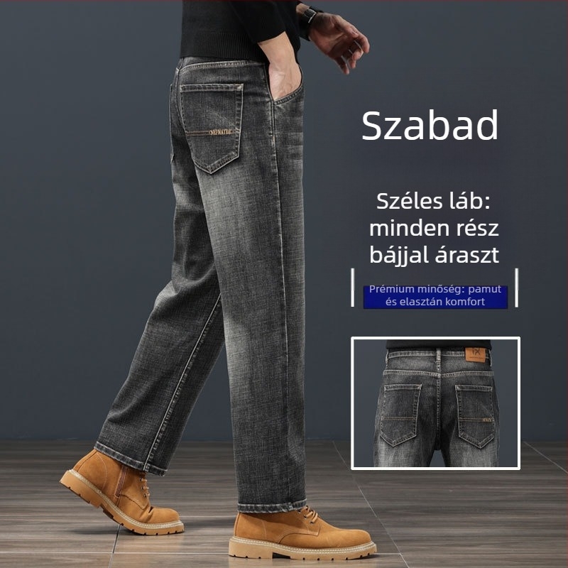 Férfiaknak szóló egyenes szabású farmer, középmagas derék, cipzáras zárás, velúrral bélelt