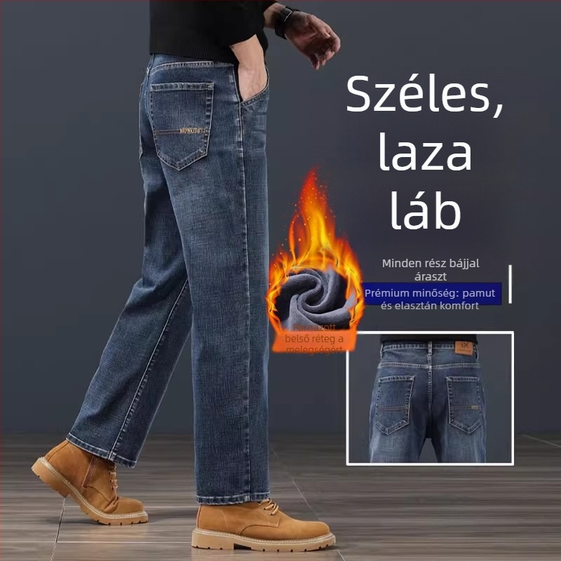 Férfiaknak szóló egyenes szabású farmer, középmagas derék, cipzáras zárás, velúrral bélelt