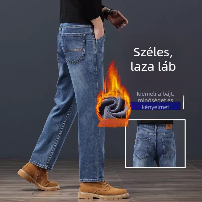 Férfiaknak szóló egyenes szabású farmer, középmagas derék, cipzáras zárás, velúrral bélelt