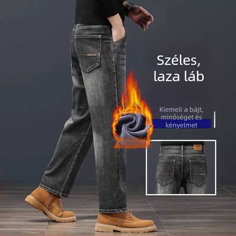 Férfiaknak szóló egyenes szabású farmer, középmagas derék, cipzáras zárás, velúrral bélelt