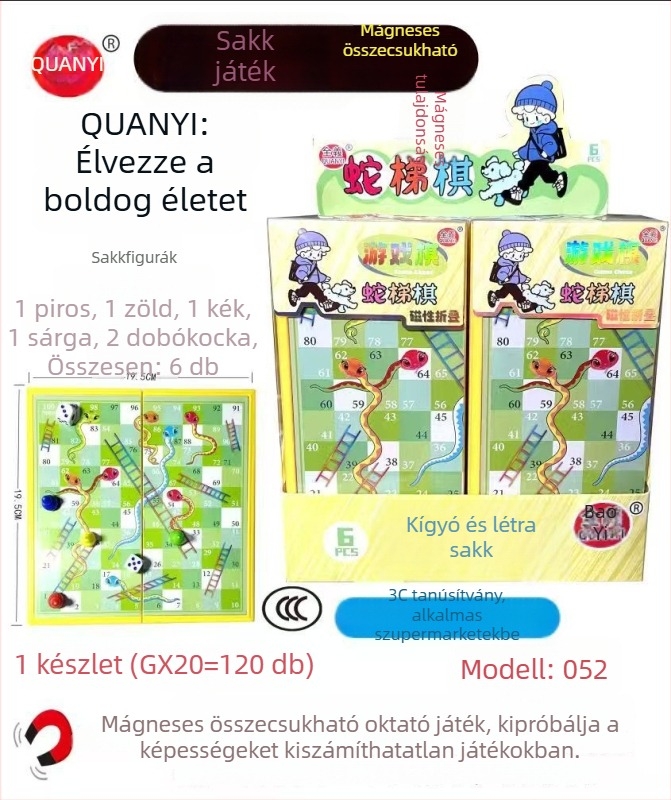 Hordozható mágneses játékkészlet: Chess, Flying Chess, Gobang, Snakes and Ladders, Checkers; ABS anyag, kb. 200 g, hordozható oktatási játék iskola, otthon és közösség számára