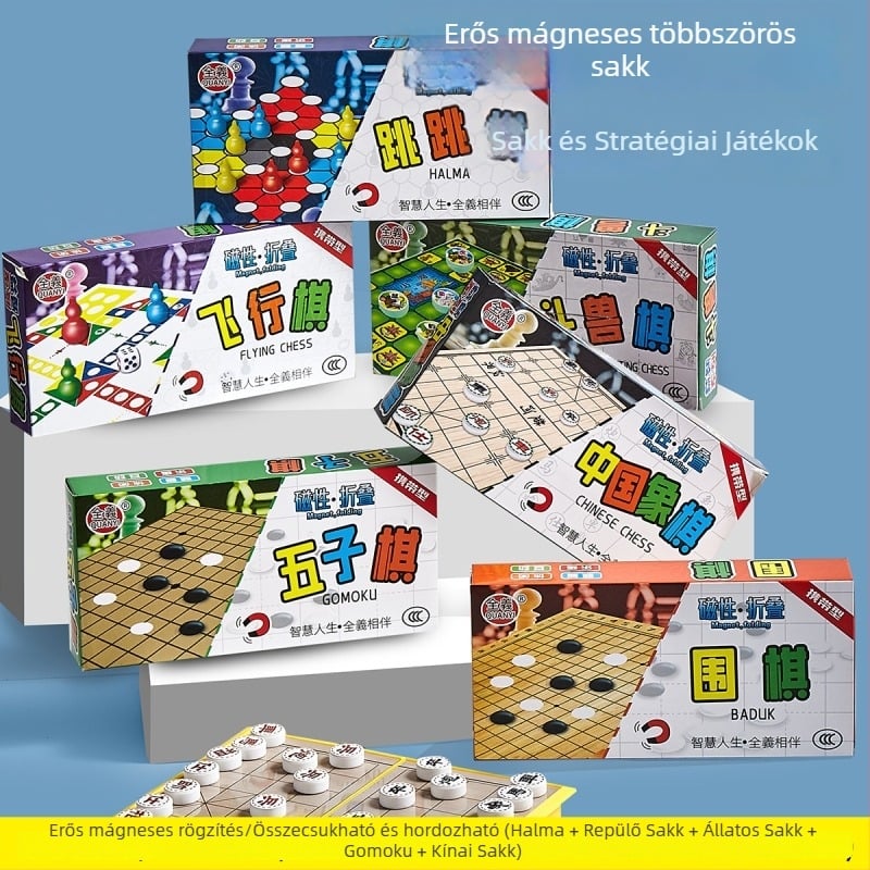 Hordozható mágneses játékkészlet: Chess, Flying Chess, Gobang, Snakes and Ladders, Checkers; ABS anyag, kb. 200 g, hordozható oktatási játék iskola, otthon és közösség számára