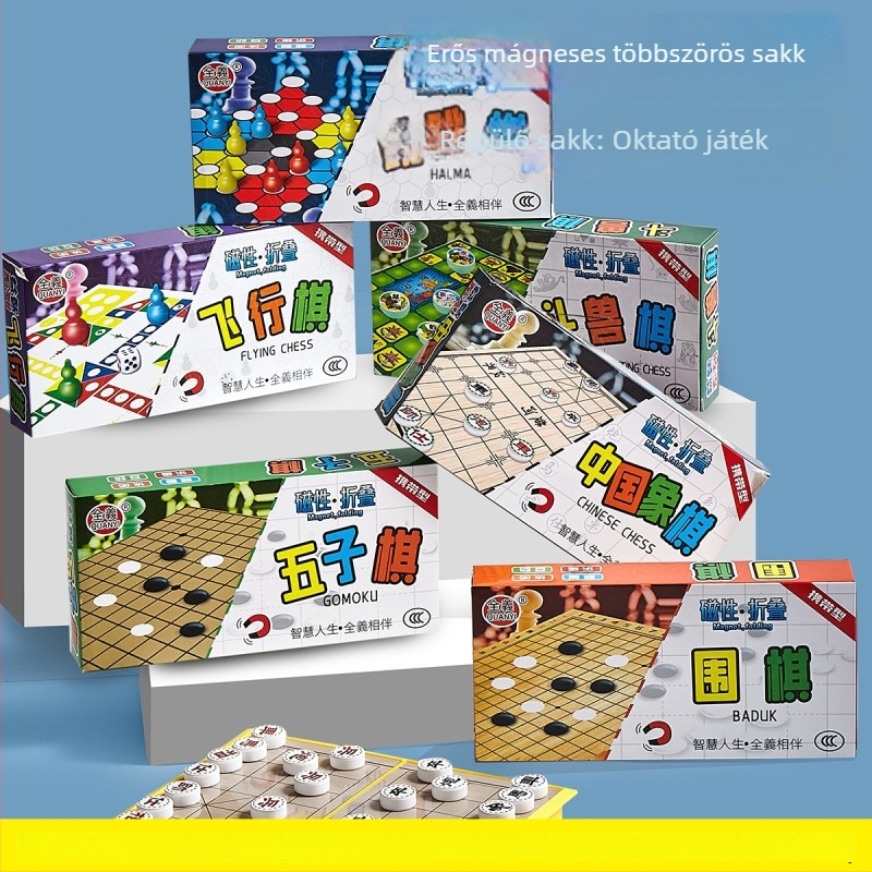Hordozható mágneses játékkészlet: Chess, Flying Chess, Gobang, Snakes and Ladders, Checkers; ABS anyag, kb. 200 g, hordozható oktatási játék iskola, otthon és közösség számára