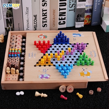 Fából készült 27 az 1-ben többfunkciós társasjáték-készlet: sakk, dáma és kínai sakk (Xiangqi) – asztali oktatív játék 7–14 éveseknek