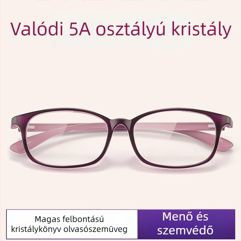 Olvasószemüveg kristály lencsékkel, nagy felbontású, kopás- és karcolásálló, TR90 keret, teljes keret, négyszögletes forma (kristálylencsék; TR90 keret; teljes keret; négyszögletes forma; 2025 nyár)