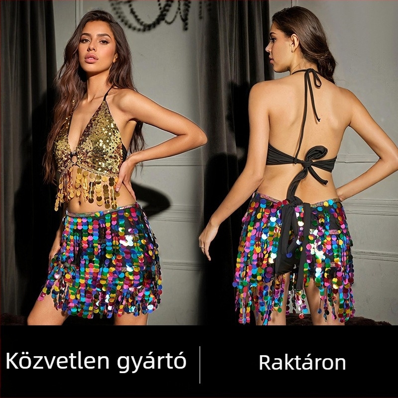 Hasi táncöv készlet csüngőkkel és flitteres szoknyával – orientális tánc előadásra szóló jelmez, street hipster stílus, poliészter 95%+