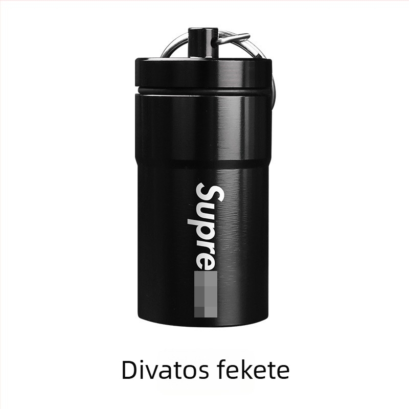 Alumínium mini hordozható hamutartó, fémdobozos tablettás üveg zárható tárolóval, kulcstartó.