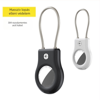 AirTag védőtok acélkábellel és fémlapos kulcstartóval, Apple AirTag-kompatibilis, anyagok: PC + rozsdamentes acél, injekciós öntés, egyszínű, egyszerű dizájn