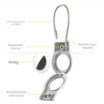 AirTag védőtok acélkábellel és fémlapos kulcstartóval, Apple AirTag-kompatibilis, anyagok: PC + rozsdamentes acél, injekciós öntés, egyszínű, egyszerű dizájn