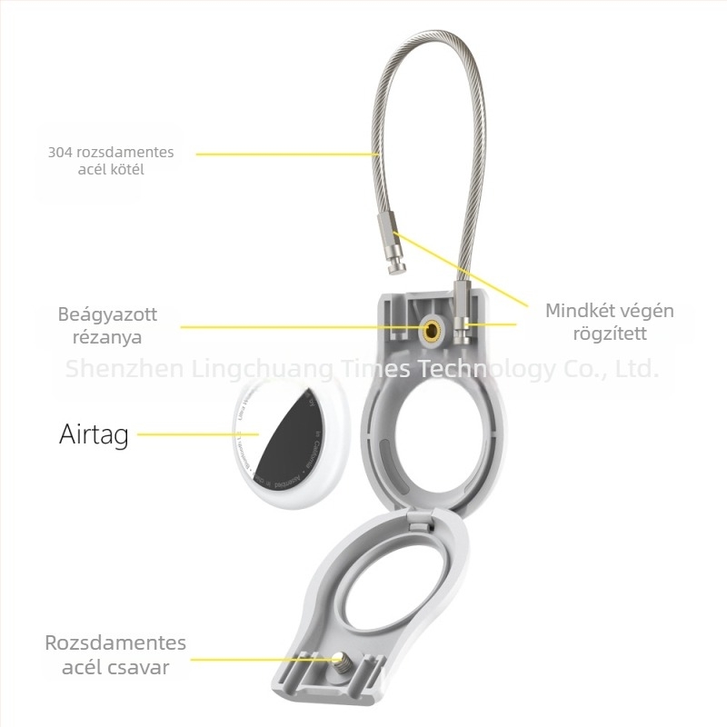AirTag védőtok acélkábellel és fémlapos kulcstartóval, Apple AirTag-kompatibilis, anyagok: PC + rozsdamentes acél, injekciós öntés, egyszínű, egyszerű dizájn
