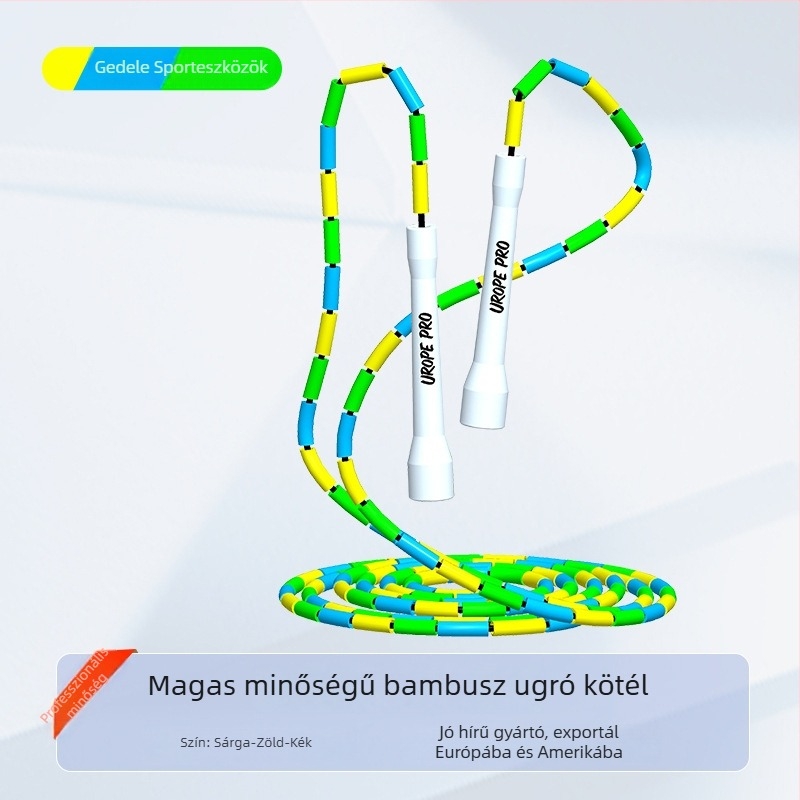 Bambusz fonálú ugrókötél PP gyöngyökkel, állítható, több színű gyöngyök, felnőtteknek és gyerekeknek