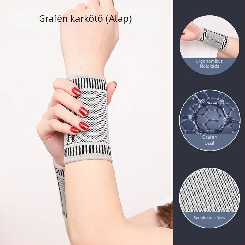 Grafén önmelegítő csuklópánt, univerzális sportokra; anyagok: grafén rost/latex fonal/nylon; sportágak: futball, kosárlabda, röplabda, tenisz, tollaslabda, asztalitenisz; védett rész: csukló