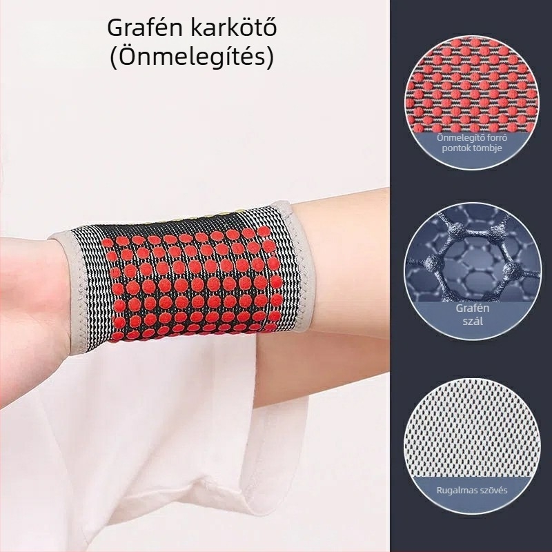 Grafén önmelegítő csuklópánt, univerzális sportokra; anyagok: grafén rost/latex fonal/nylon; sportágak: futball, kosárlabda, röplabda, tenisz, tollaslabda, asztalitenisz; védett rész: csukló
