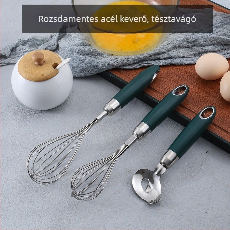 304 rozsdamentes acélból készült konyhai eszközök készlet: gyümölcskanál, tojásverő, hámozó kés, halskálázó, üvegnyitó