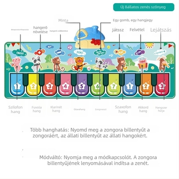 Rögzíthető láb-pianos matrac gyerekeknek – állatos zenei matrac, interaktív játék alátét