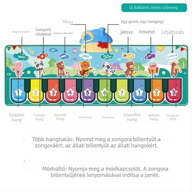 Rögzíthető láb-pianos matrac gyerekeknek – állatos zenei matrac, interaktív játék alátét