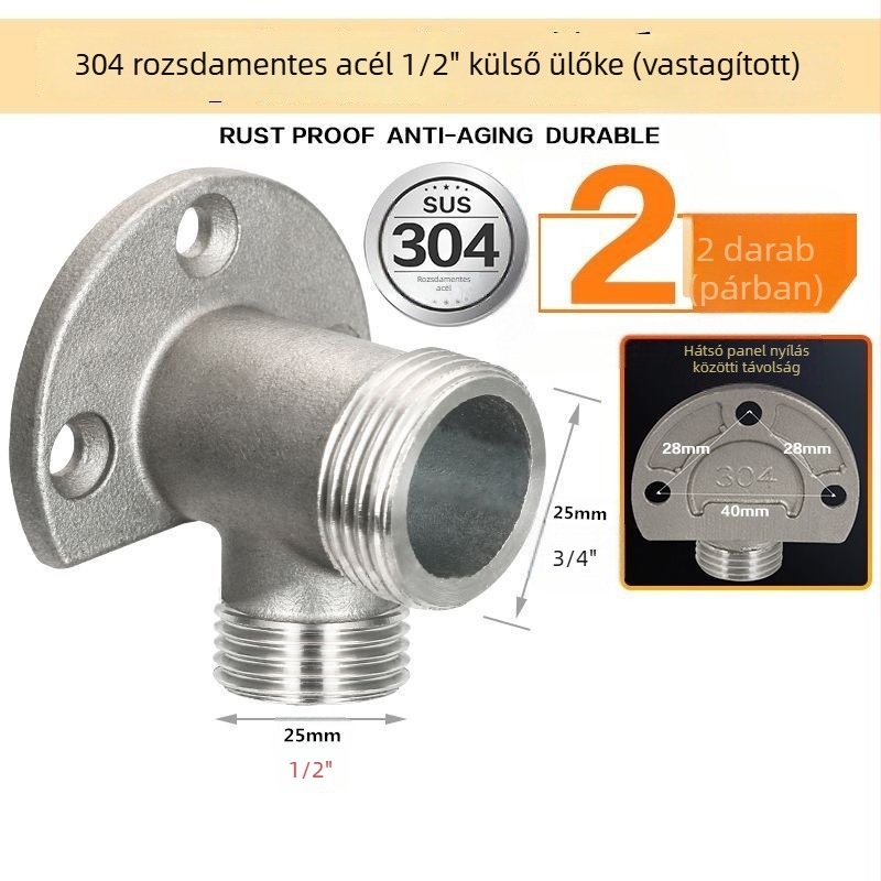 304 rozsdamentes acél csaptelep alapja kettős 1/2 hüvelykes belső és külső menet, falra szerelhető tartó és könyök adapter
