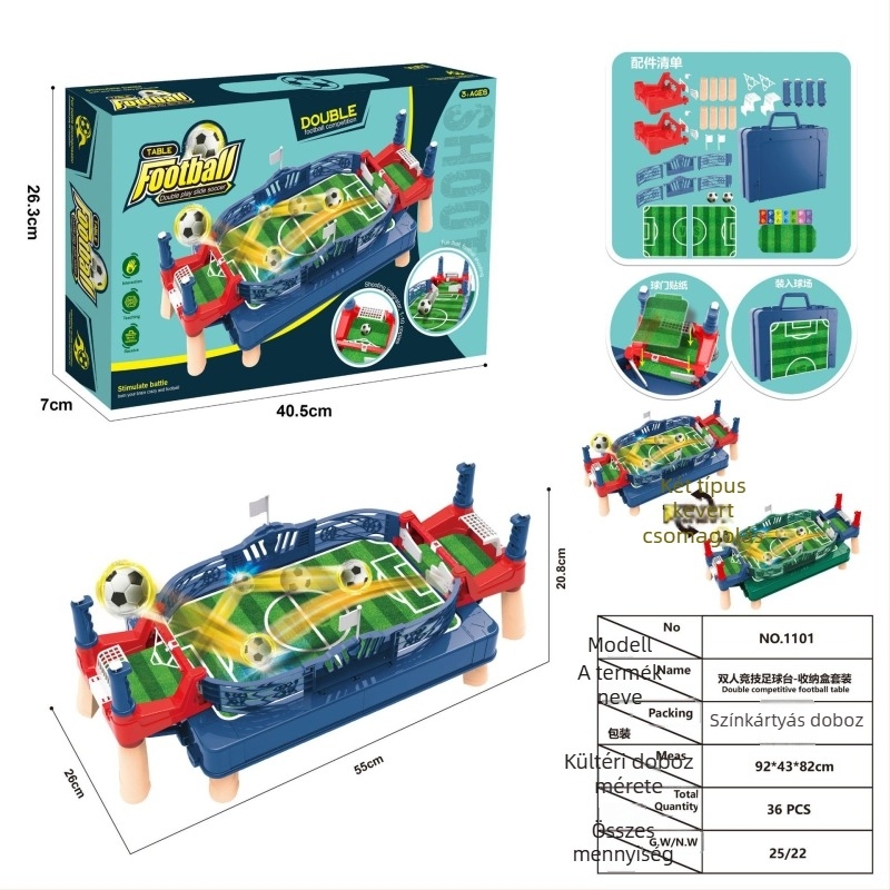 Gyerekeknek szánt asztali foci játék katapultás működéssel; műanyag kivitel; 4–14 éveseknek; származás Guangdong; csomagolás: színes doboz.