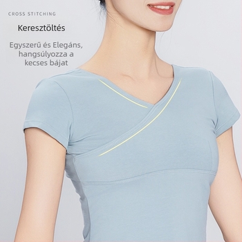 Női táncfelső – rövid ujjú pamut felső előre keresztezéssel, balett gyakorlóruha, felnőtt, egyszínű mintázat, pamut 93%, bélés viszkóz 95%