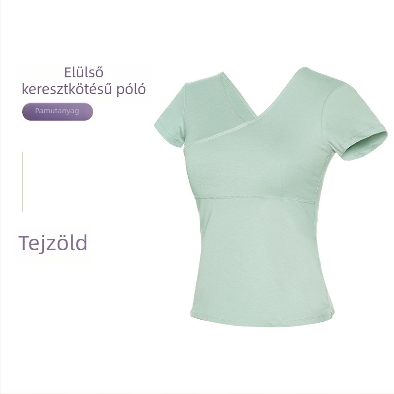 Női táncfelső – rövid ujjú pamut felső előre keresztezéssel, balett gyakorlóruha, felnőtt, egyszínű mintázat, pamut 93%, bélés viszkóz 95%