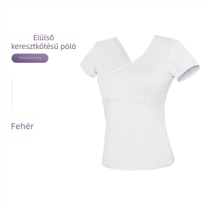 Női táncfelső – rövid ujjú pamut felső előre keresztezéssel, balett gyakorlóruha, felnőtt, egyszínű mintázat, pamut 93%, bélés viszkóz 95%