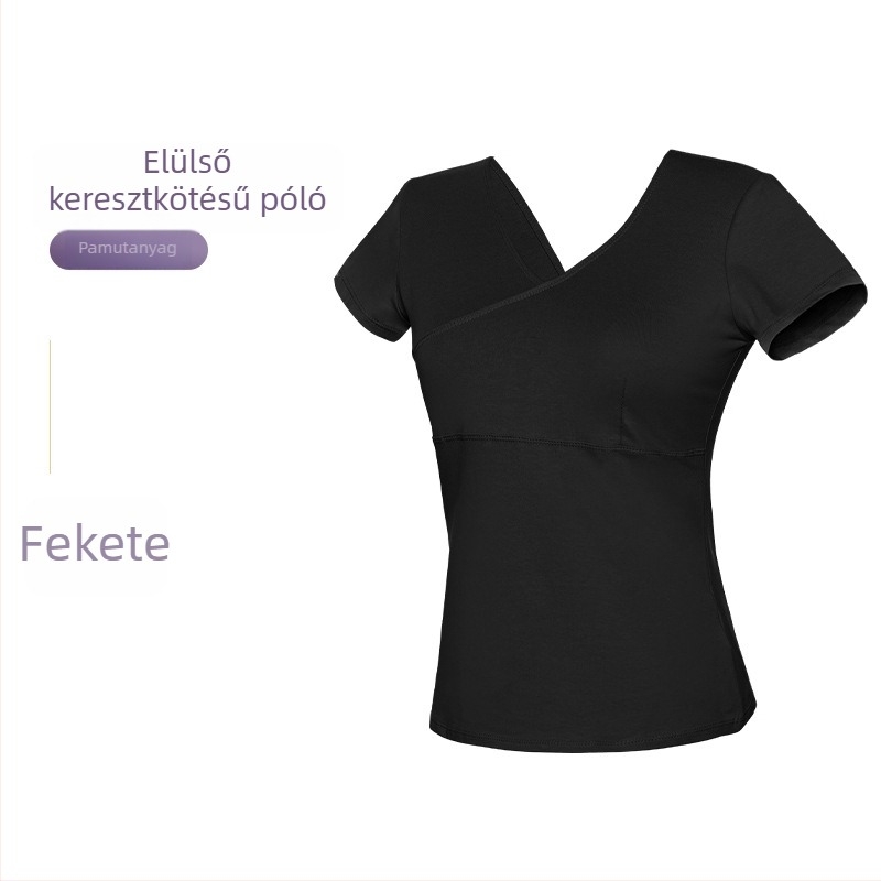 Női táncfelső – rövid ujjú pamut felső előre keresztezéssel, balett gyakorlóruha, felnőtt, egyszínű mintázat, pamut 93%, bélés viszkóz 95%
