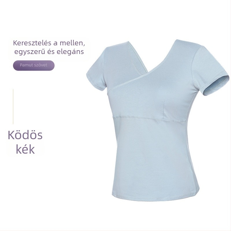 Női táncfelső – rövid ujjú pamut felső előre keresztezéssel, balett gyakorlóruha, felnőtt, egyszínű mintázat, pamut 93%, bélés viszkóz 95%