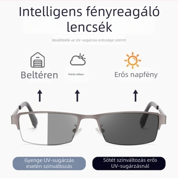 Progresszív olvasószemüveg anti-kék fény, színváltó lencsék, AC lencsematerial, fém négyszögletes keret