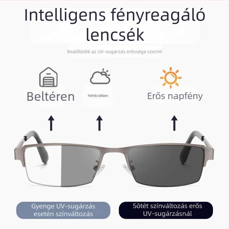 Progresszív olvasószemüveg anti-kék fény, színváltó lencsék, AC lencsematerial, fém négyszögletes keret