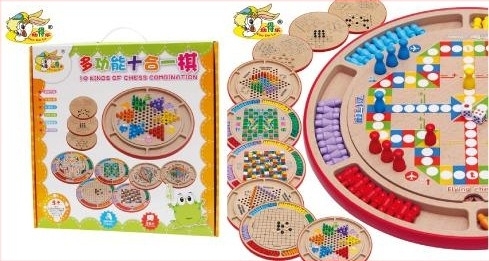 Fából készült, többfunkciós játék készlet sakk, dáma és katonai sakk — különböző környezetekhez; 7–60 éveseknek; fejleszti a szem-kéz koordinációt és a kognitív készségeket