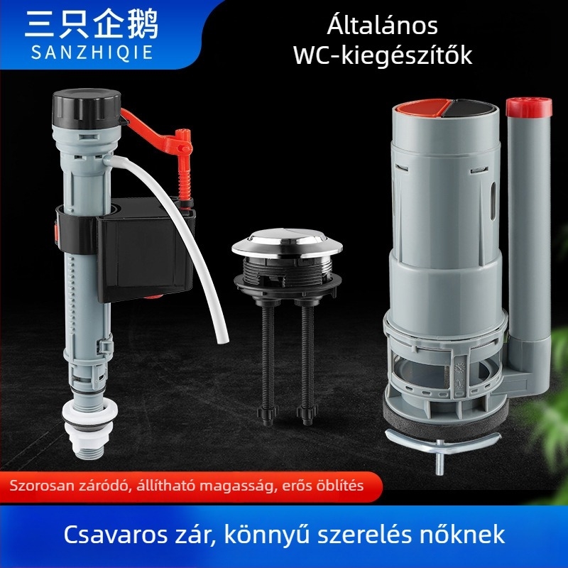WC öblítő gombok készlete — ABS, injektív formázás, univerzális bemeneti és ürítős szelepek a tartályhoz, nyomásos működtetés, márka Three penguins, eredet Shandong