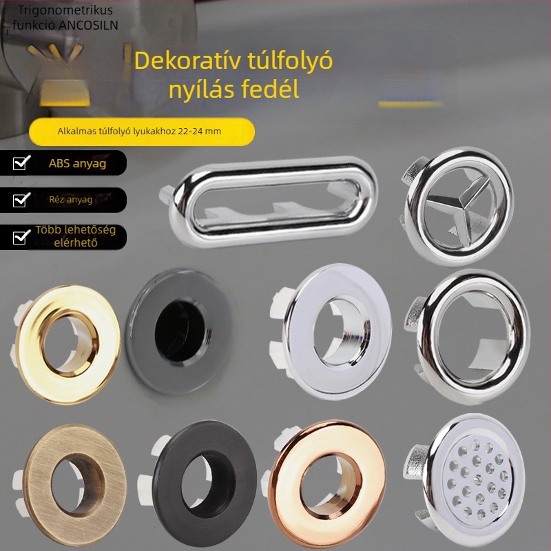 Dekoratív túlfolyófedél mosdókagylóhoz, anyag: sárgaréz+ABS, stílus: modern minimalizmus, pultos mosdóhoz alkalmas