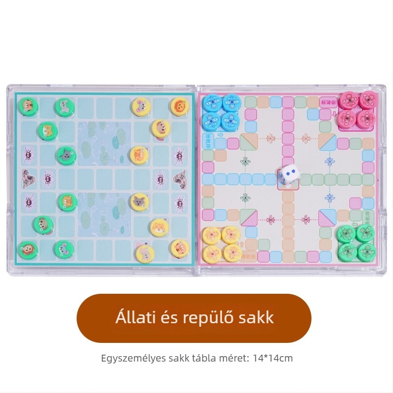 Mágneses összecsukható zseb-társasjáték — többjátékos oktatási készlet Flying Chess, Snakes and Ladders, Kínai sakk, Backgammon, Gomoku és Dáma; Anyaga műanyag, 7–14 évesek számára